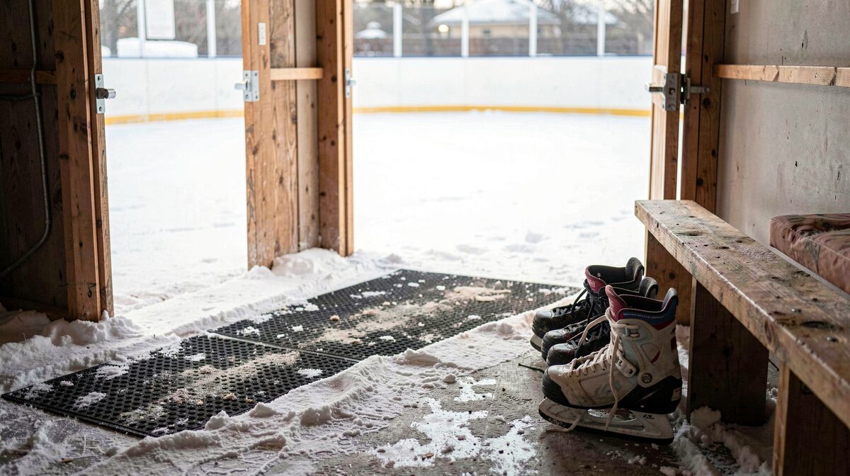 Entrée et bandes d'une patinoire communautaire en hiver, extérieur vu depuis le stationnement, lumière d'après-midi grise.